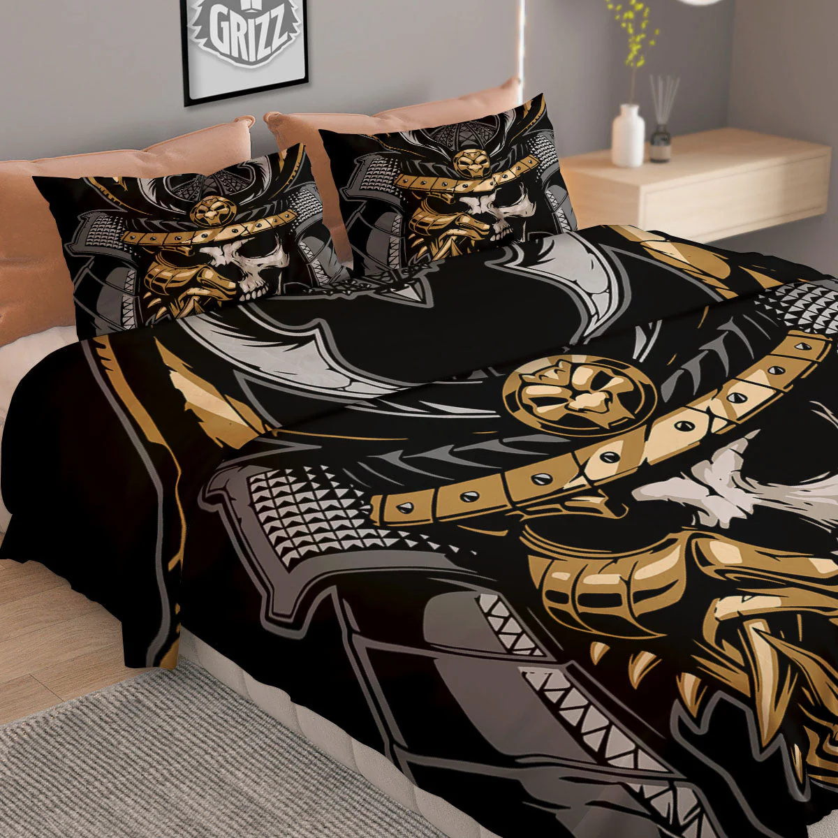 Skull Samurai Warrior Print Duvet Cover Bedding Set - Image 2