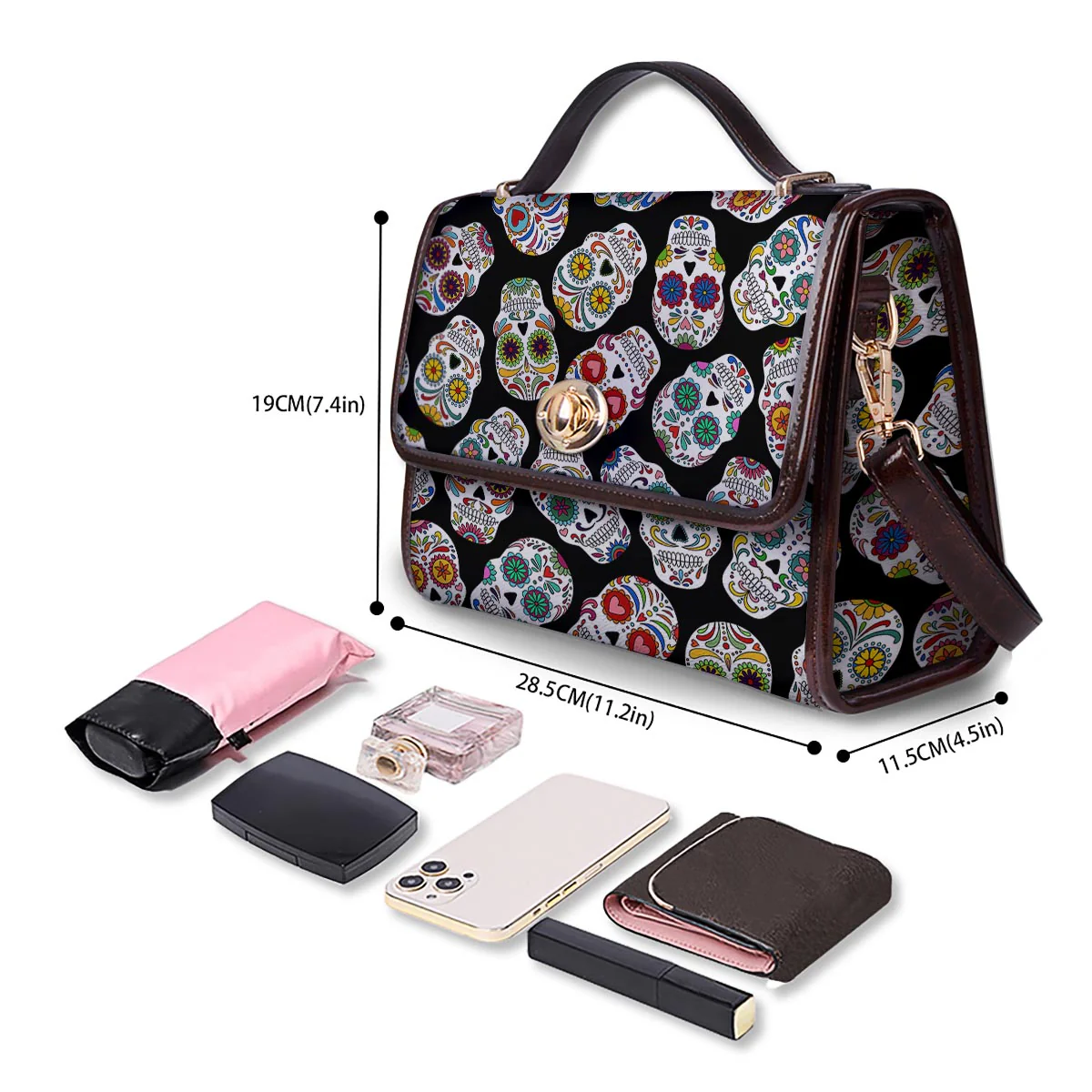 Skull Sugar Print Pattern Women's Satchel Bag - Image 4