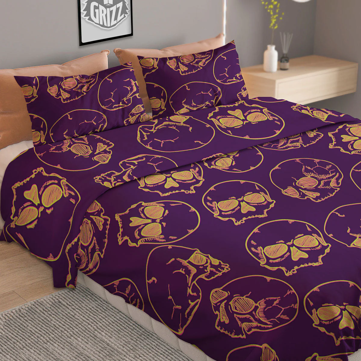 Skull Teal And Purple Print Pattern Duvet Cover Bedding Set - Image 2