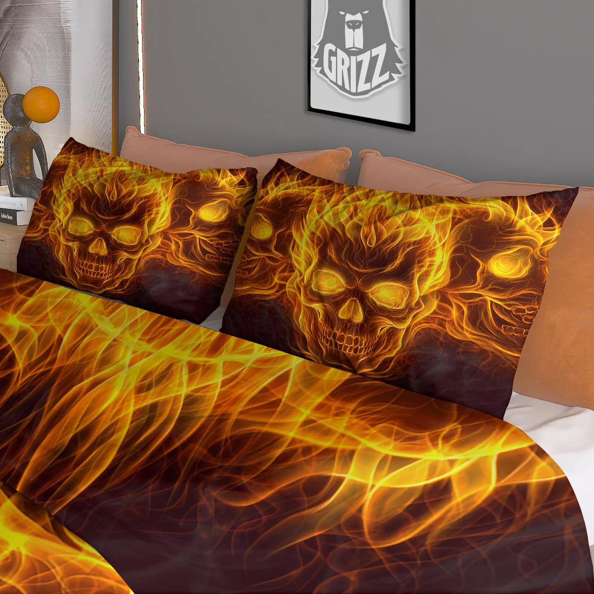 Skull Three Flaming Print Duvet Cover Bedding Set - Image 3