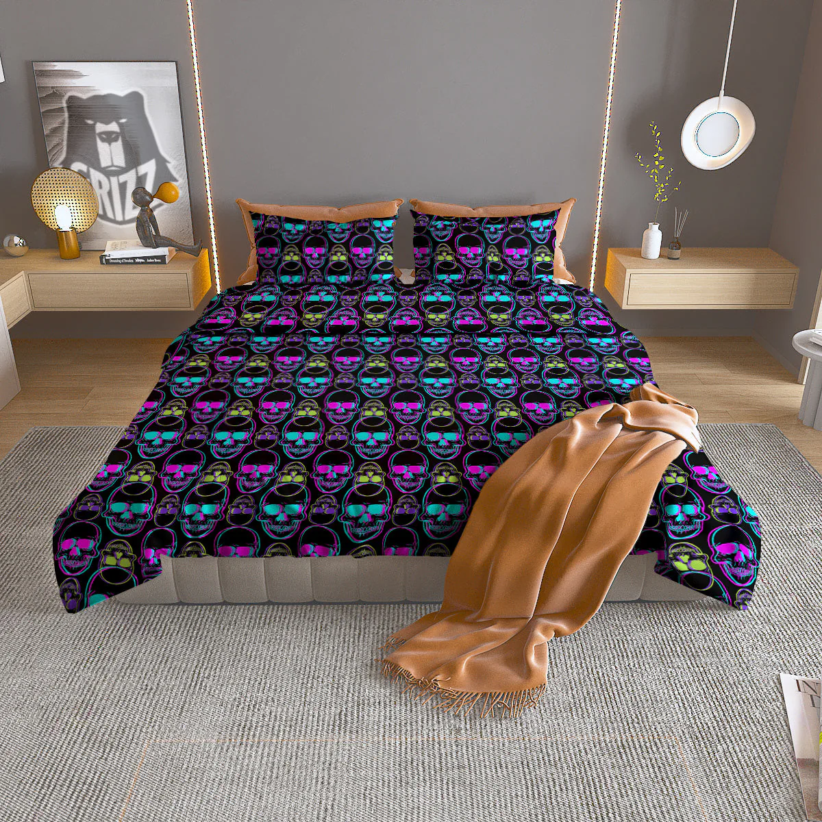 Skull Trippy Neon Print Pattern Duvet Cover Bedding Set
