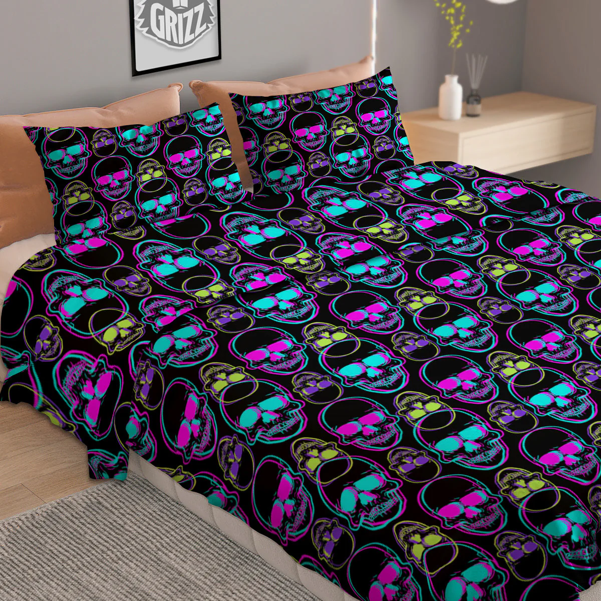Skull Trippy Neon Print Pattern Duvet Cover Bedding Set - Image 2