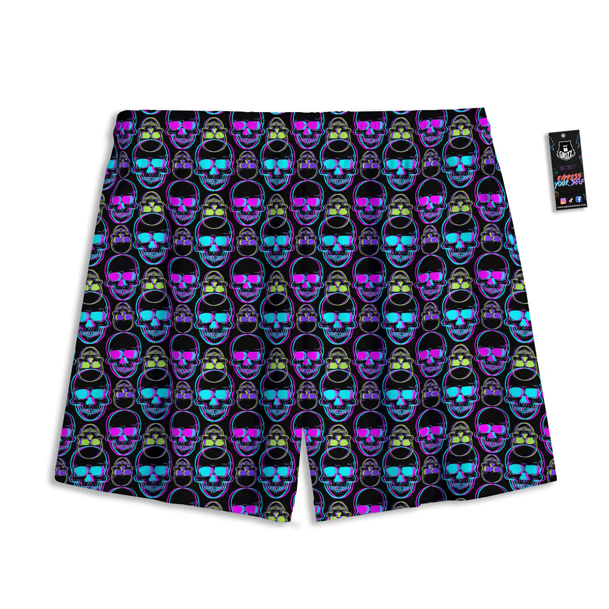 Skull Trippy Neon Print Pattern Mesh Shorts - Image 2
