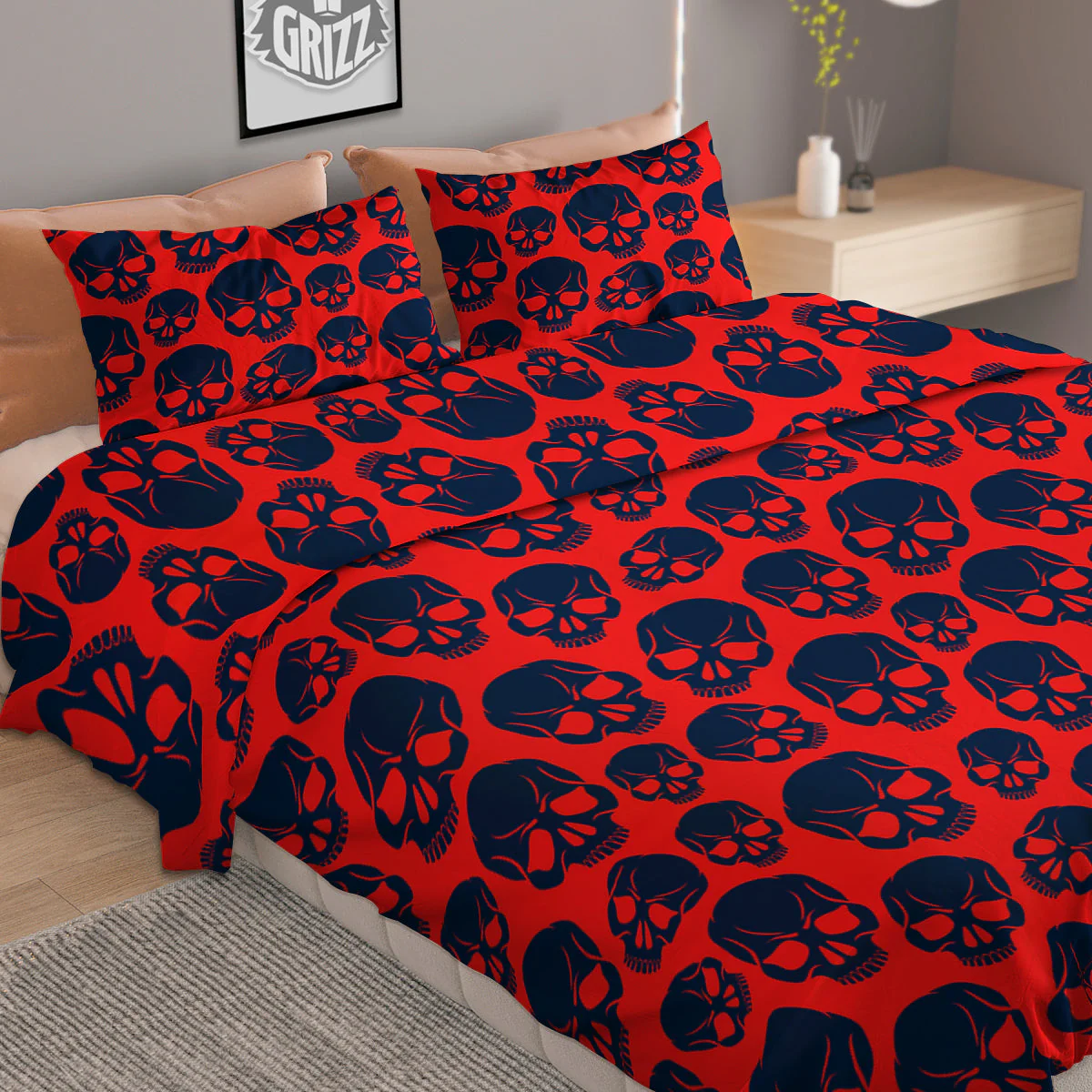 Skulls Red And Blue Hard Rock Print Pattern Duvet Cover Bedding Set - Image 2