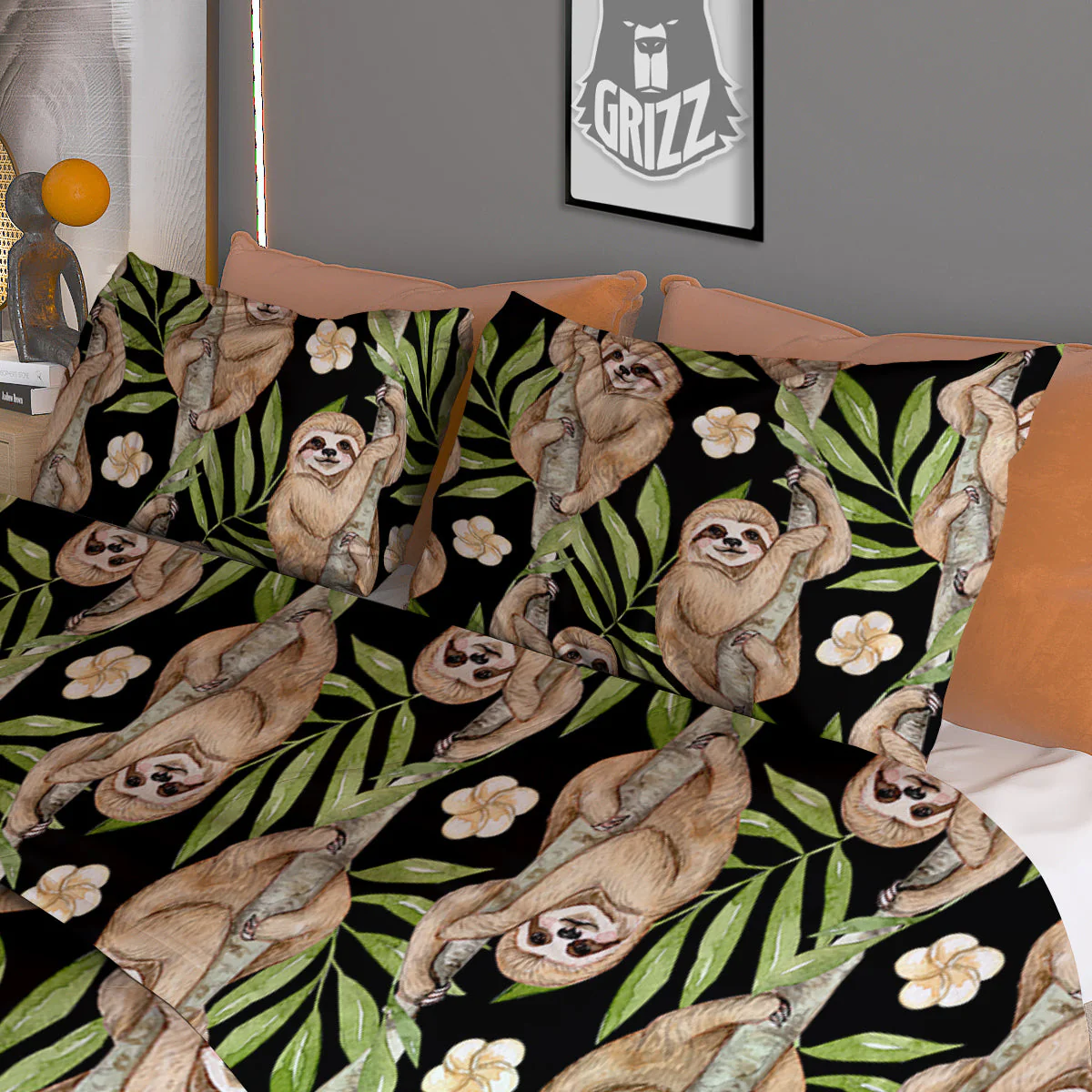 Sloth Watercolor Print Pattern Duvet Cover Bedding Set - Image 3