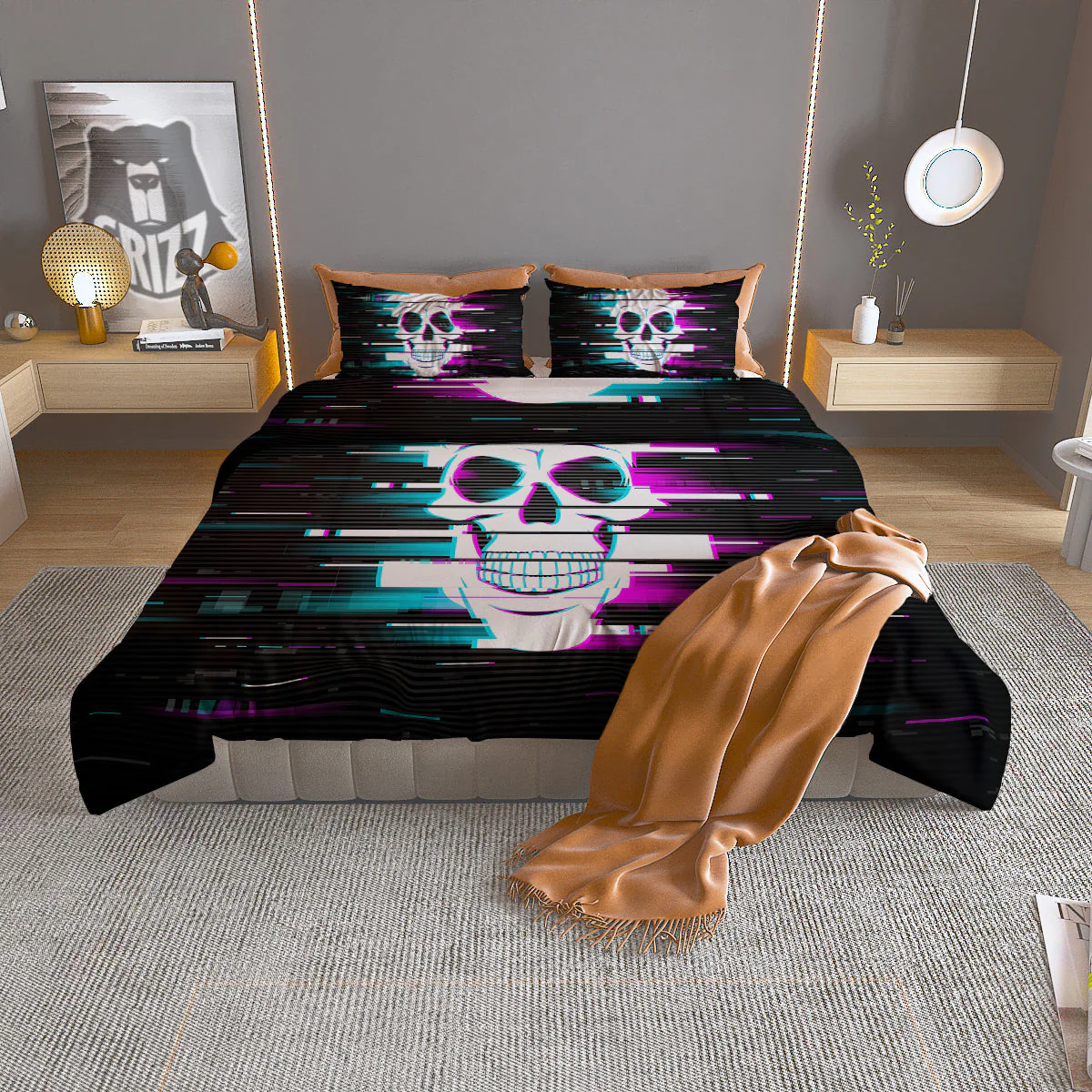 Smiling Skull Glitch Print Duvet Cover Bedding Set