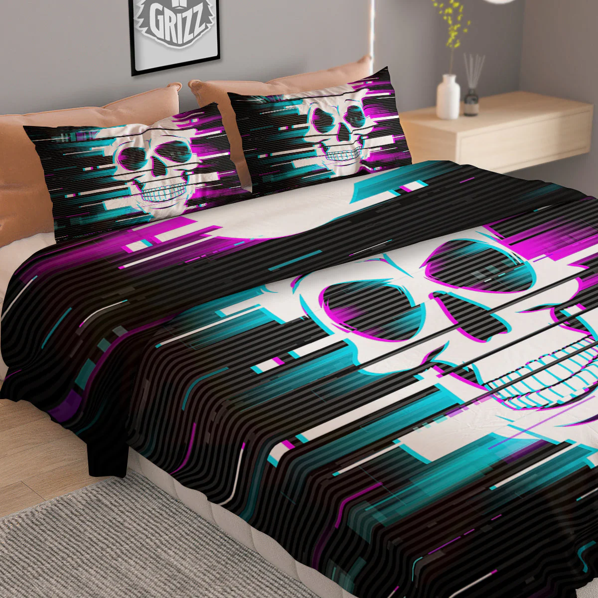 Smiling Skull Glitch Print Duvet Cover Bedding Set - Image 2