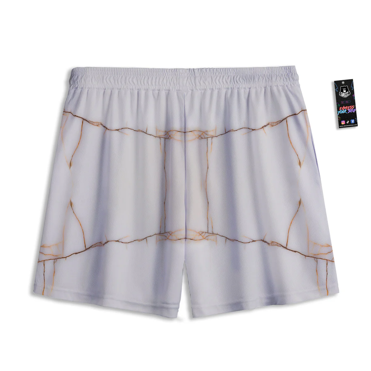 Smooth Marble White Brown Print Pattern Mesh Shorts - Image 2
