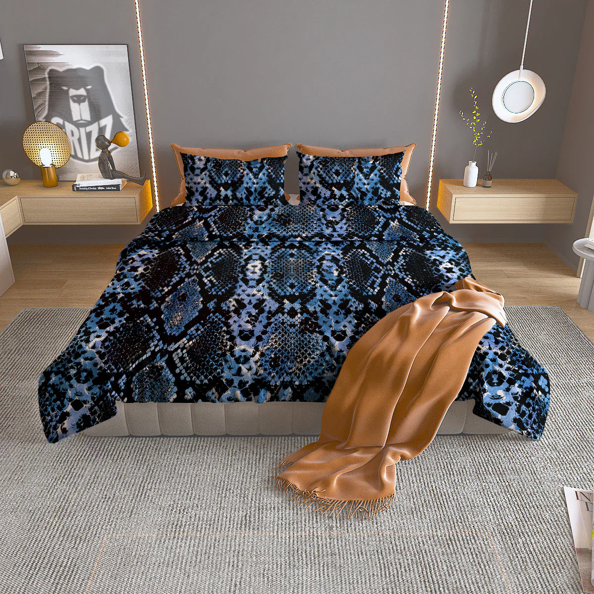 Snakeskin Black And Blue Print Duvet Cover Bedding Set