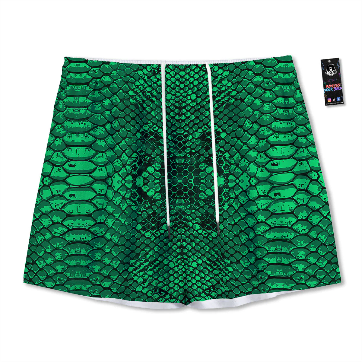 Snakeskin Black And Lime Green Print Mesh Shorts