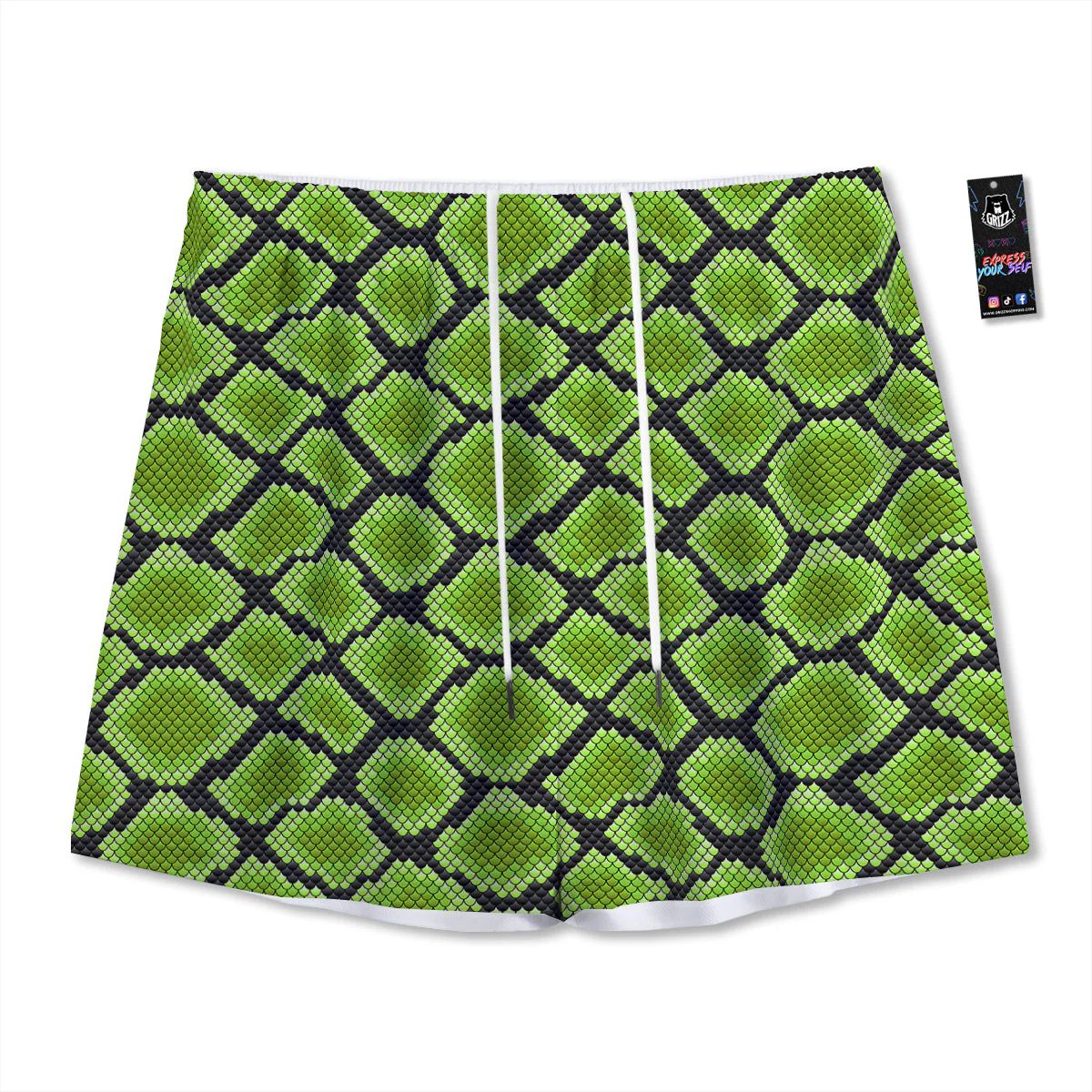 Snakeskin Black And Neon Green Print Mesh Shorts