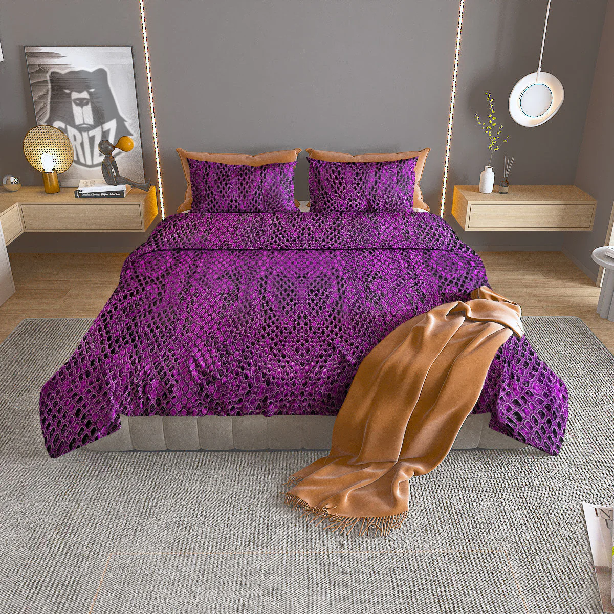 Snakeskin Purple Print Pattern Duvet Cover Bedding Set
