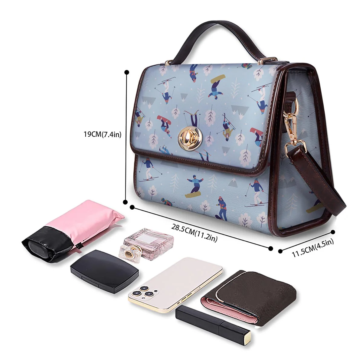 Snowboard And Ski Print Pattern Women's Satchel Bag - Image 4