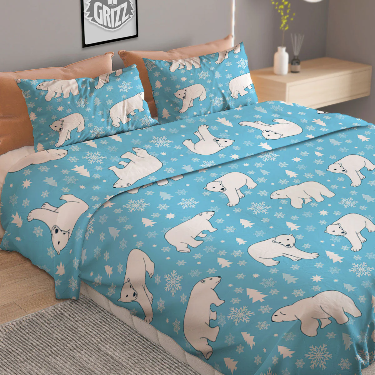 Snowflake And Polar Bear Print Pattern Duvet Cover Bedding Set - Image 2