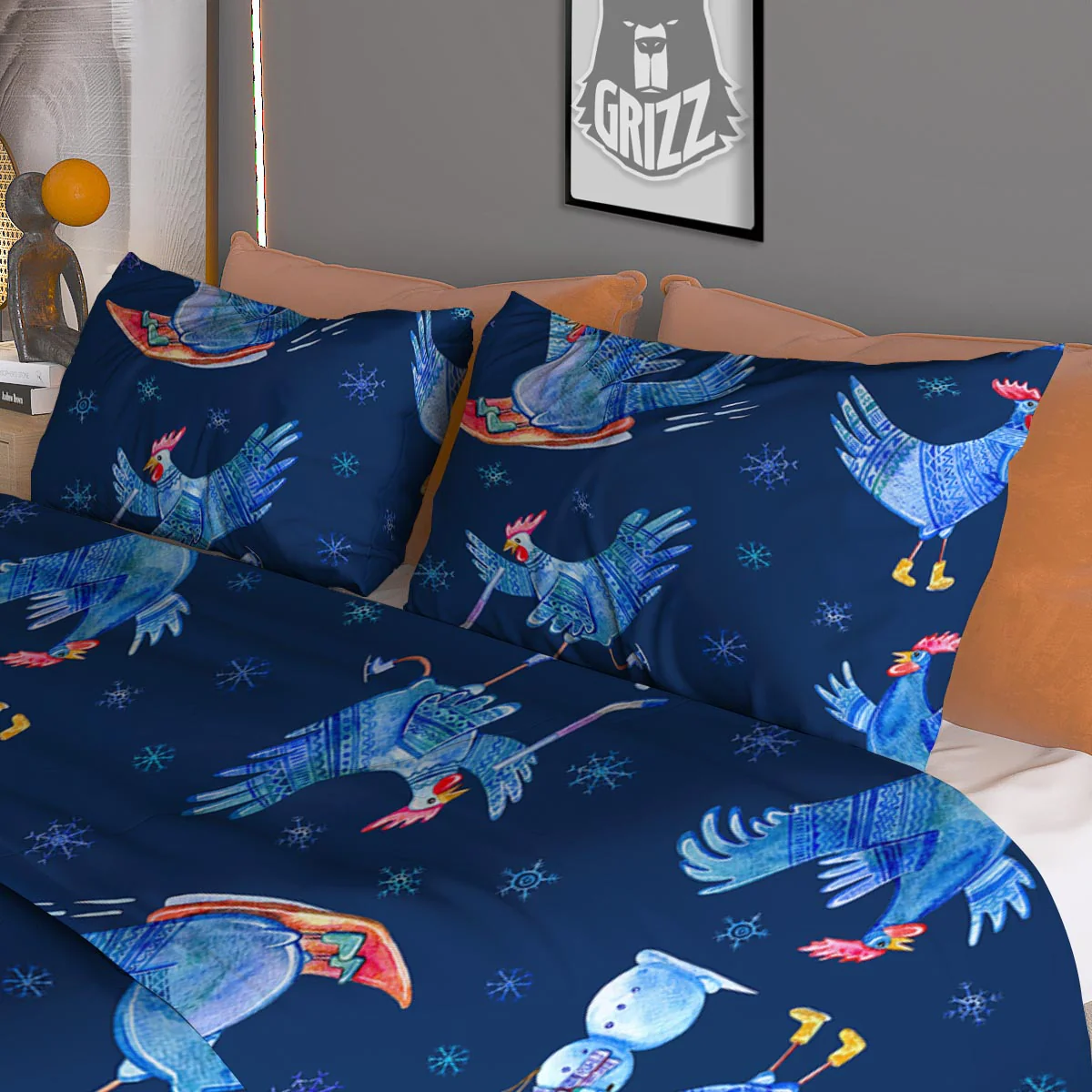 Snowflake And Rooster Print Pattern Duvet Cover Bedding Set - Image 3