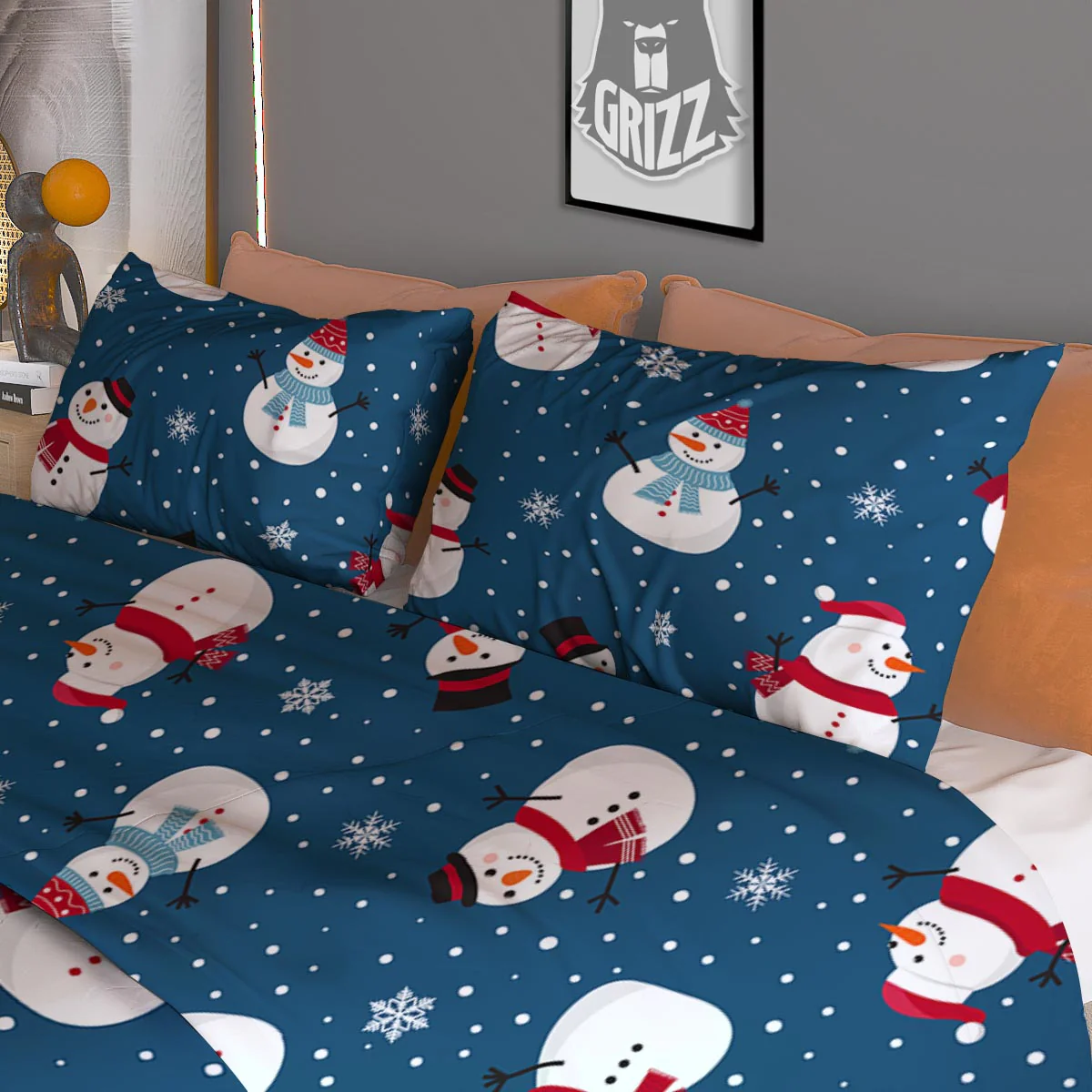 Snowflake And Snowman Print Pattern Duvet Cover Bedding Set - Image 3