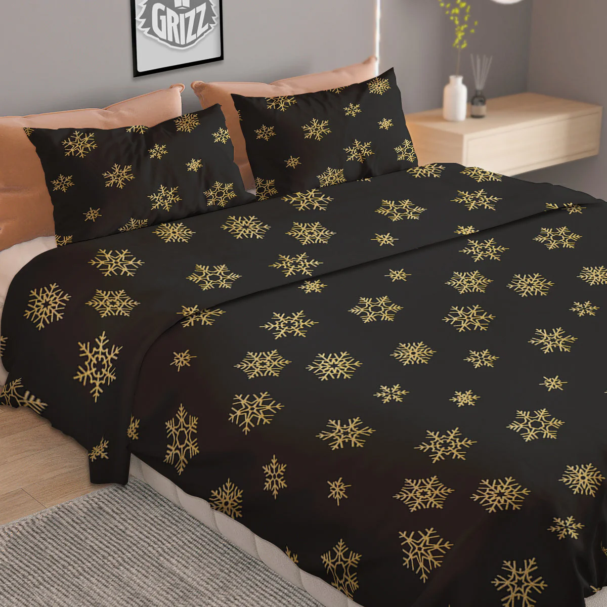 Snowflake Gold And Black Print Pattern Duvet Cover Bedding Set - Image 2