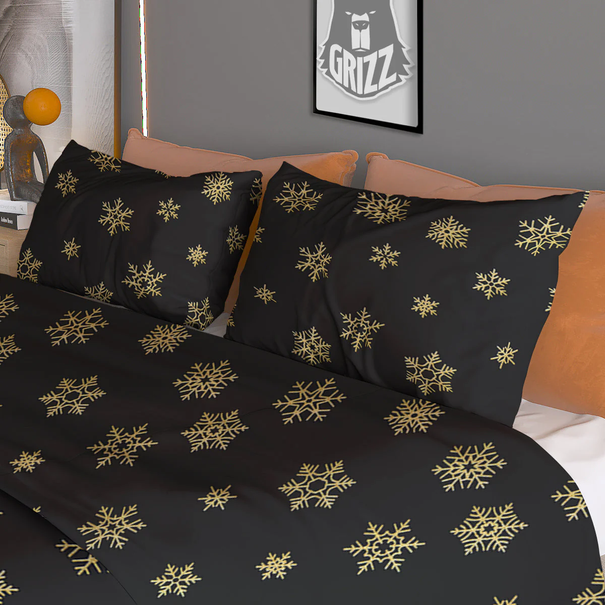 Snowflake Gold And Black Print Pattern Duvet Cover Bedding Set - Image 3
