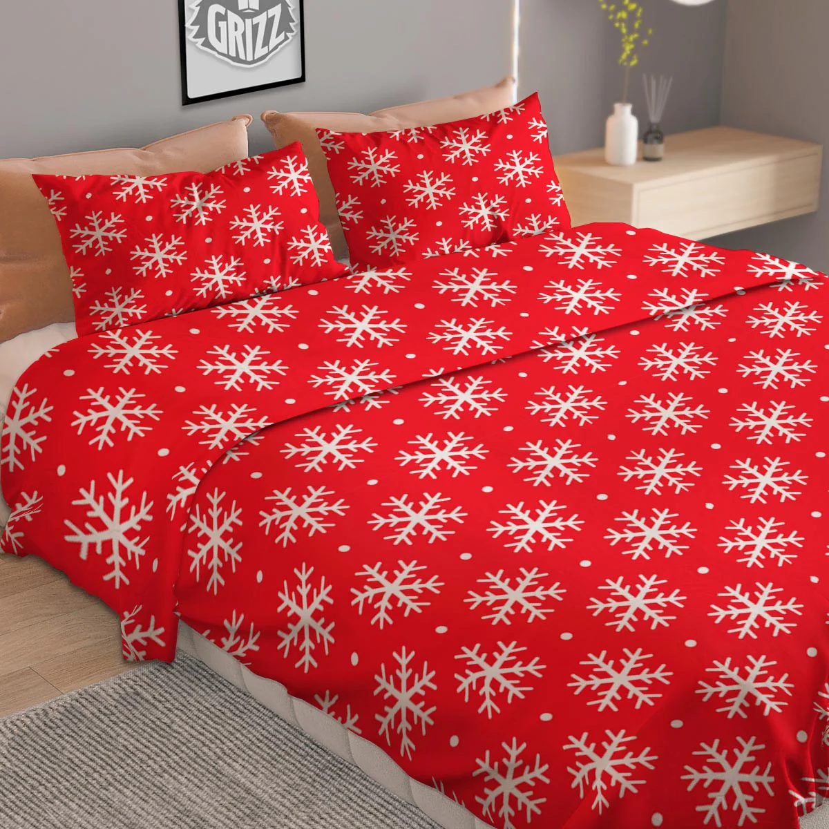 Snowflake White And Red Print Pattern Duvet Cover Bedding Set - Image 2