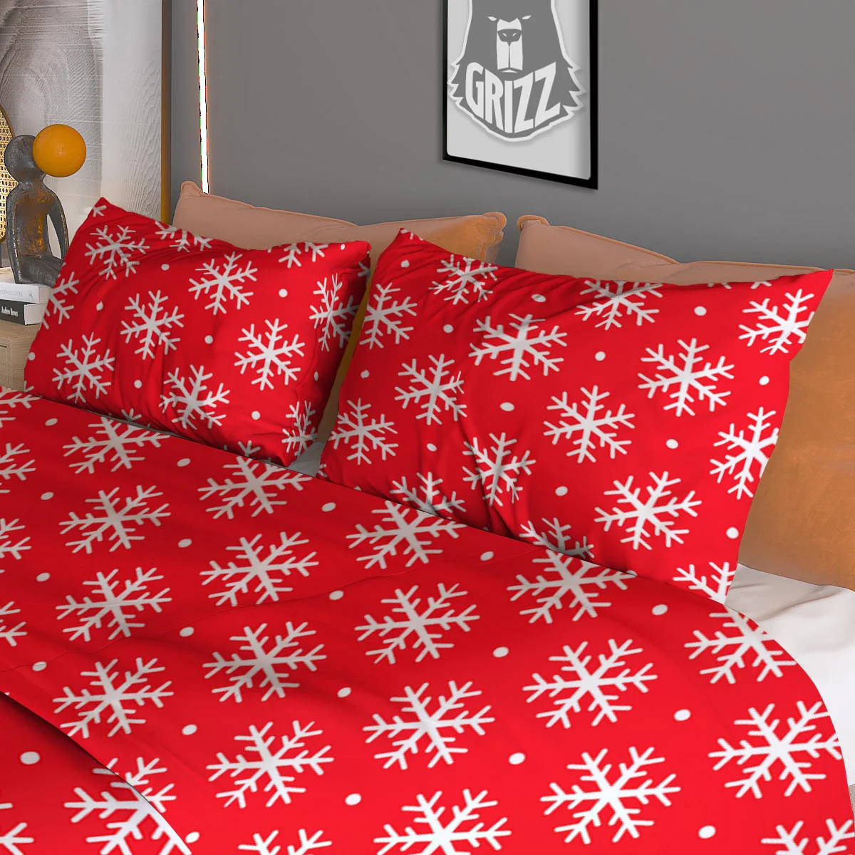 Snowflake White And Red Print Pattern Duvet Cover Bedding Set - Image 3
