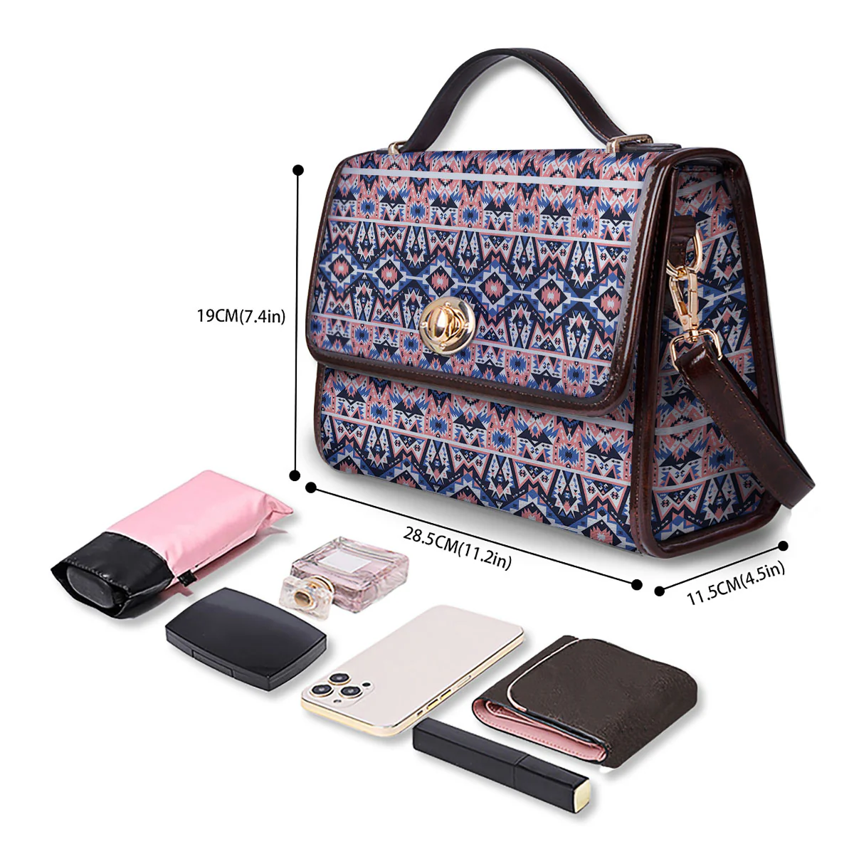 Southwestern Blue And Pink Print Pattern Women's Satchel Bag - Image 4