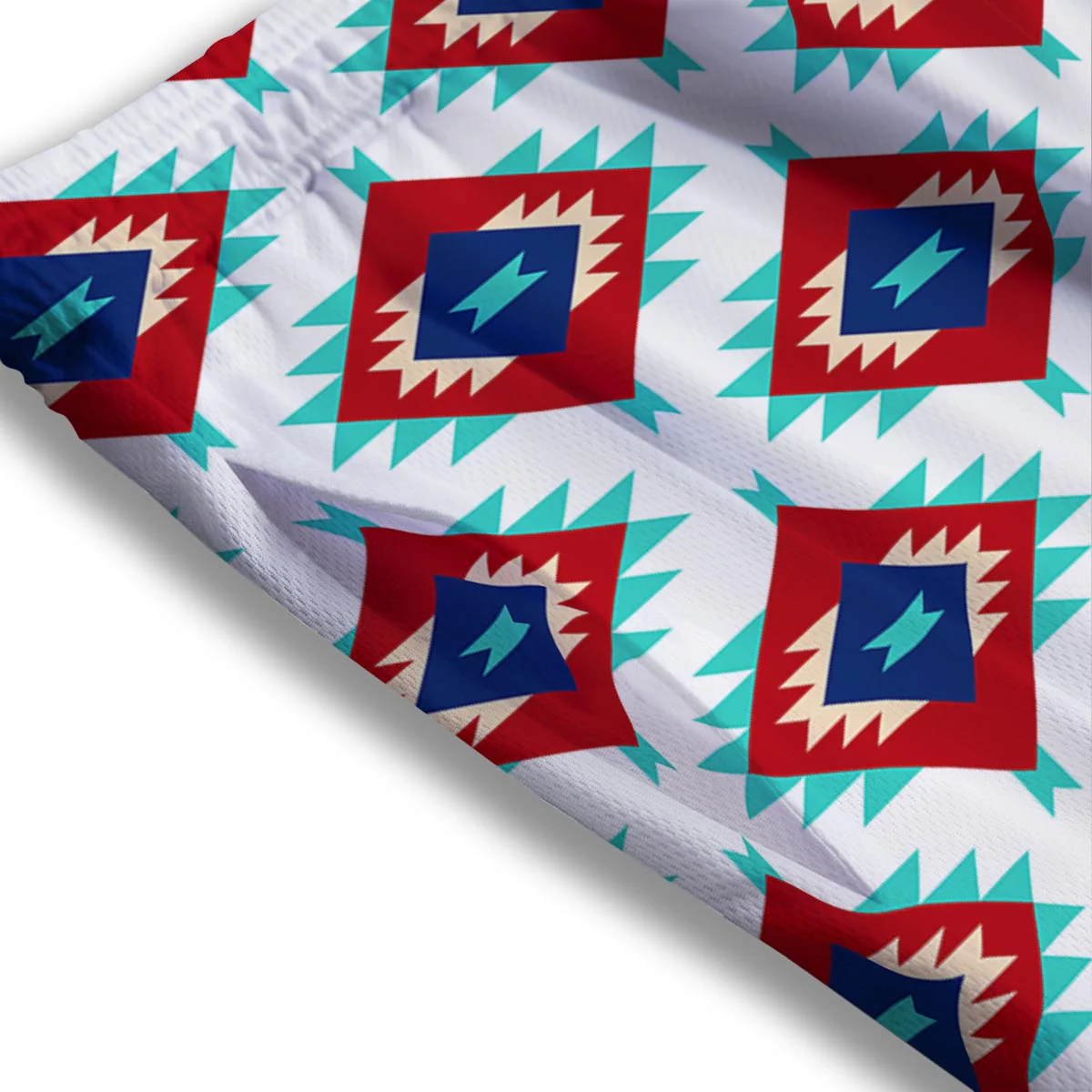 Southwestern Teal And Red Print Pattern Mesh Shorts - Image 3