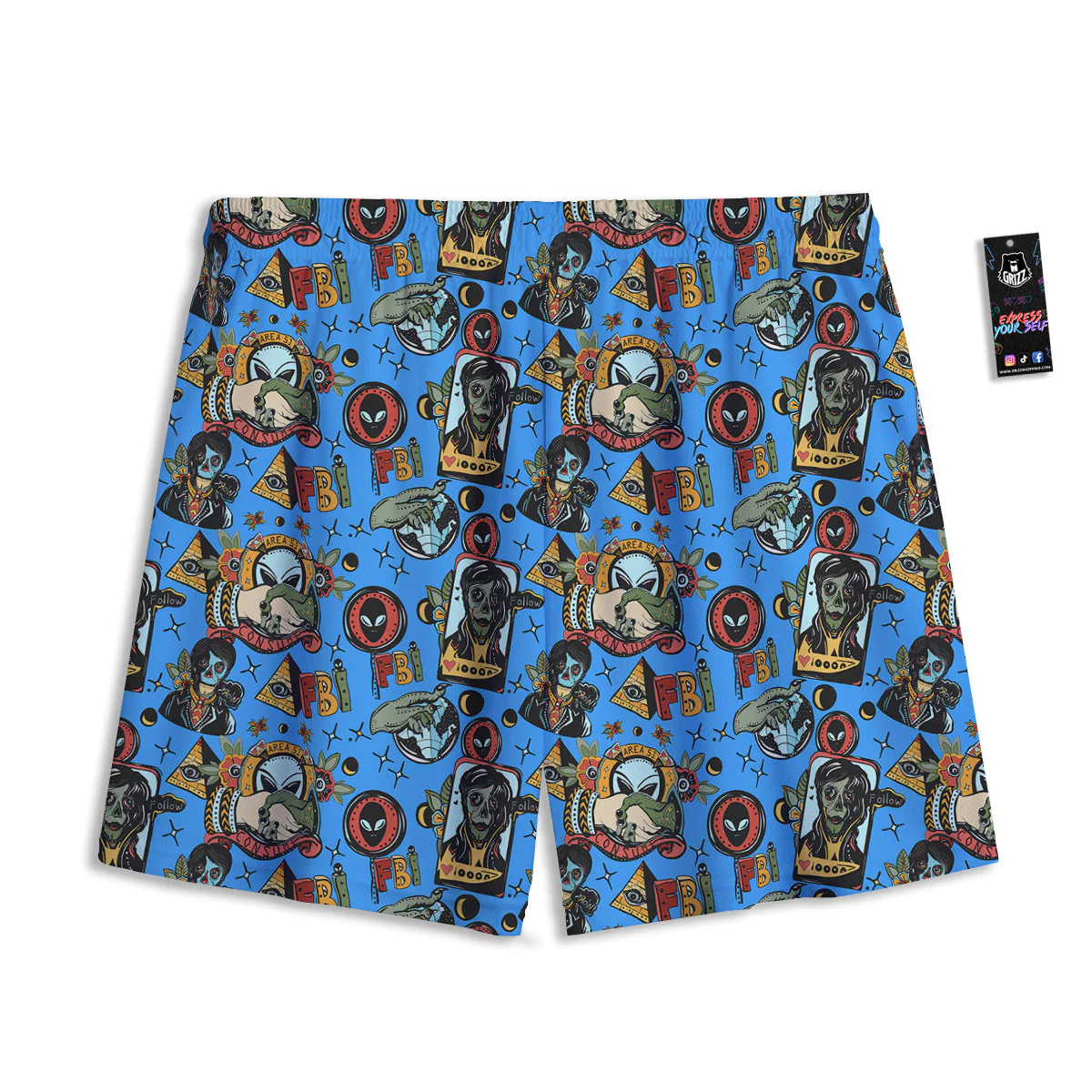 Space Alien Retro Tattoo Print Pattern Mesh Shorts - Image 2