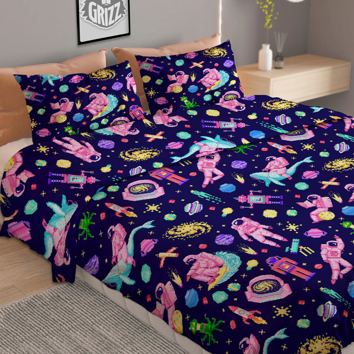 Space Astronaut 8 Bit Print Pattern Duvet Cover Bedding Set - Image 2