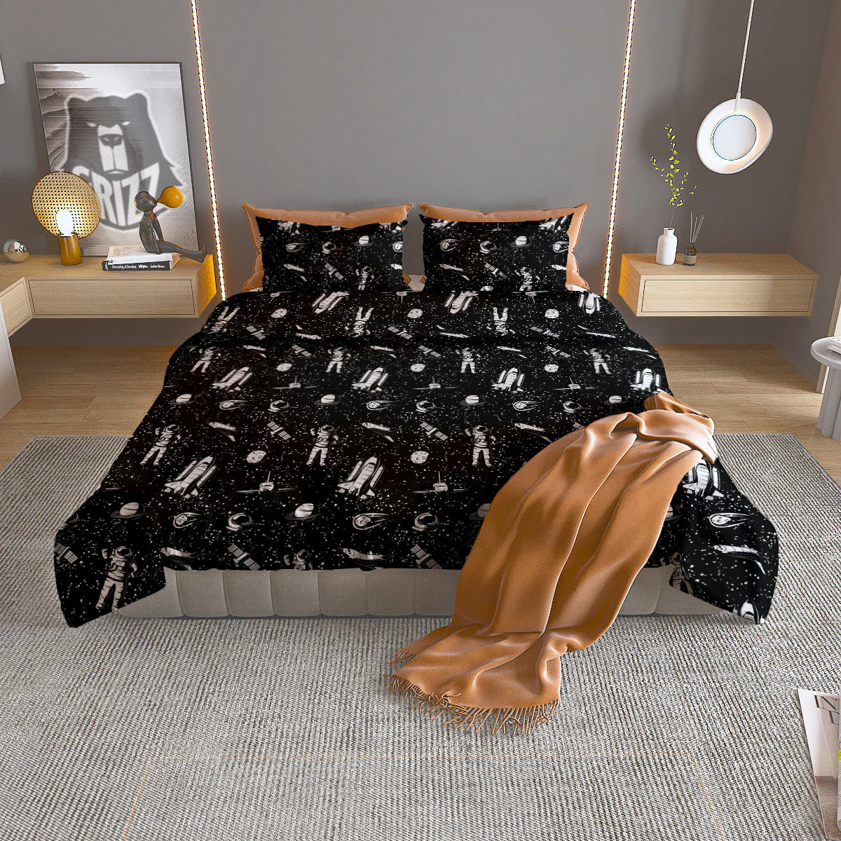 Space Astronaut Black Print Pattern Duvet Cover Bedding Set