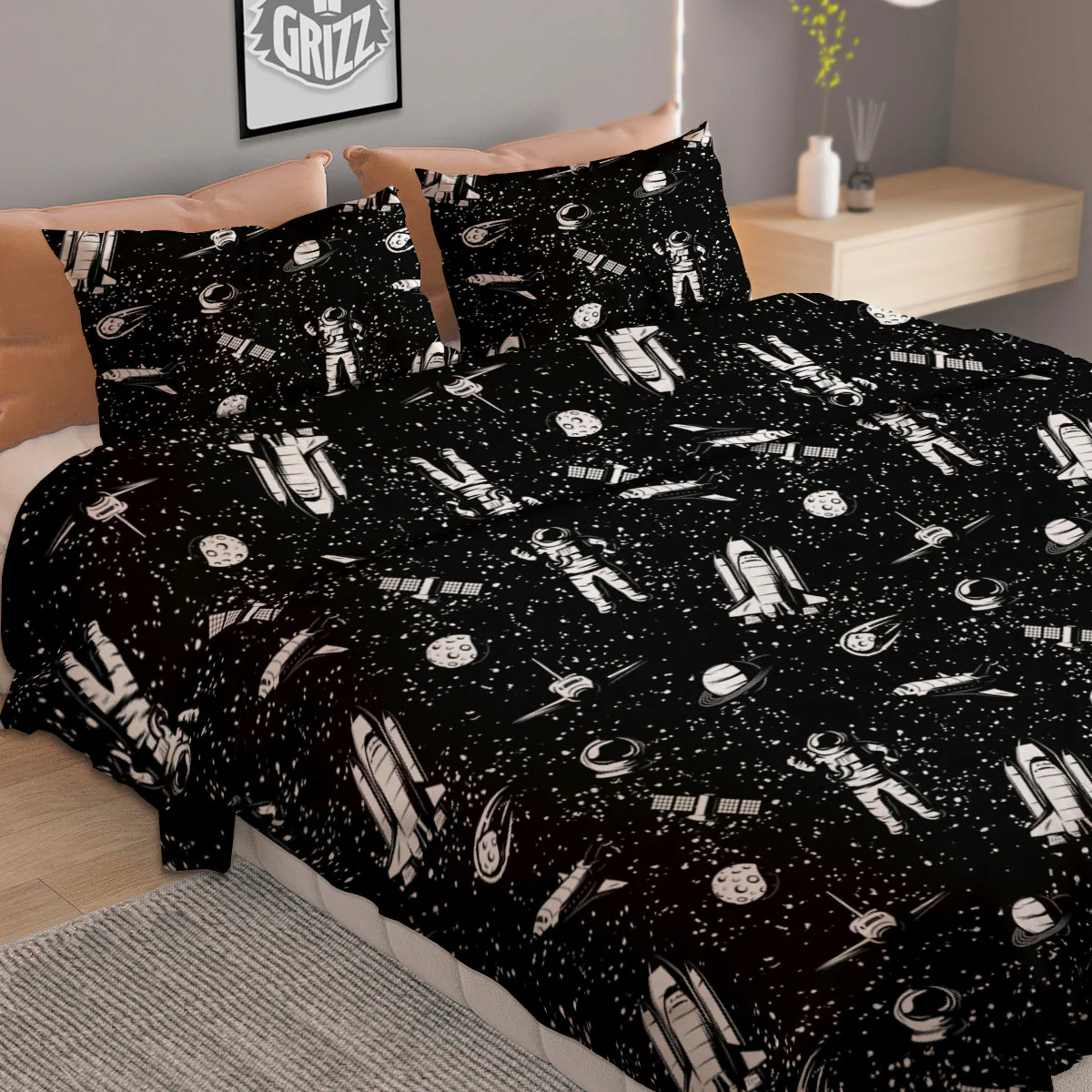 Space Astronaut Black Print Pattern Duvet Cover Bedding Set - Image 2
