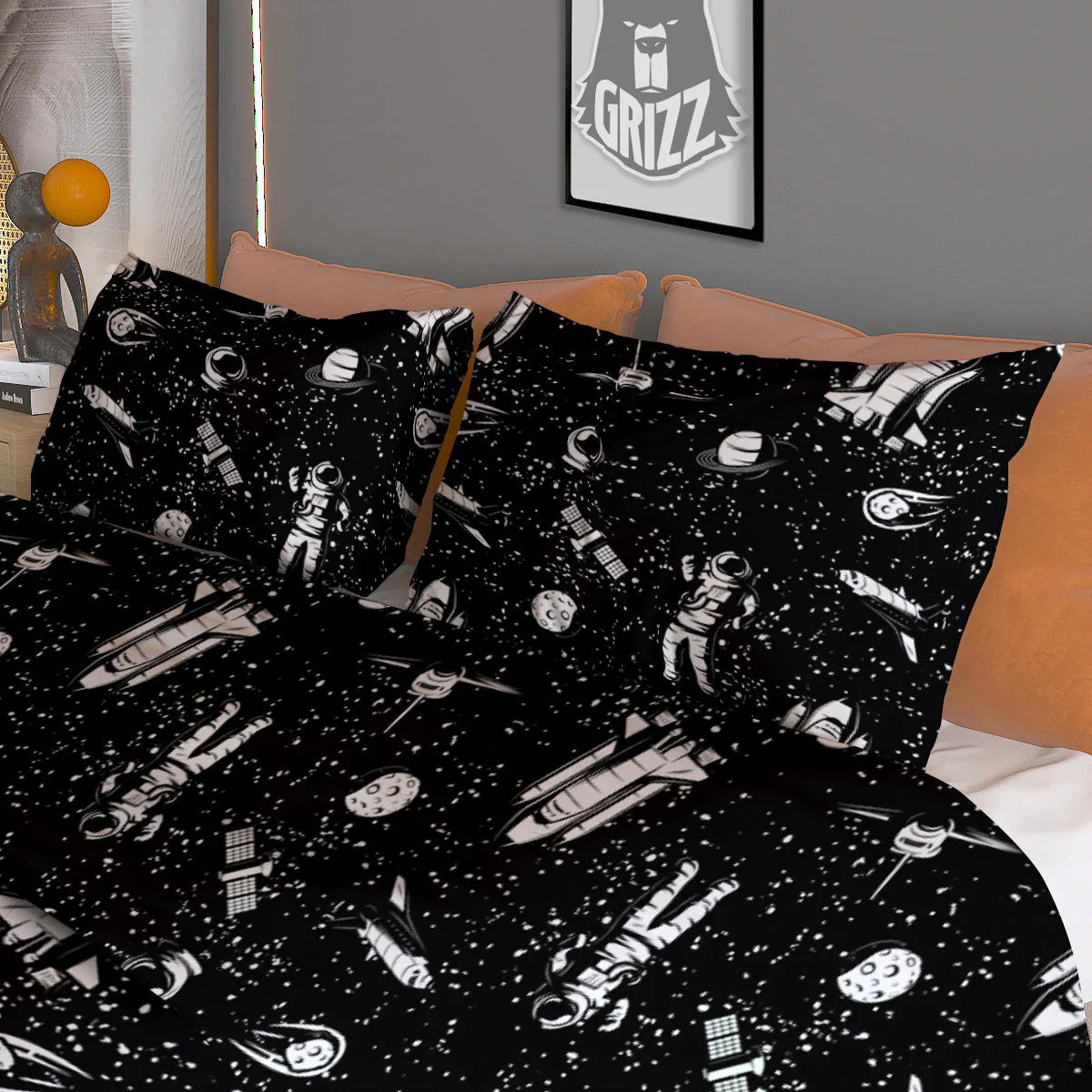 Space Astronaut Black Print Pattern Duvet Cover Bedding Set - Image 3