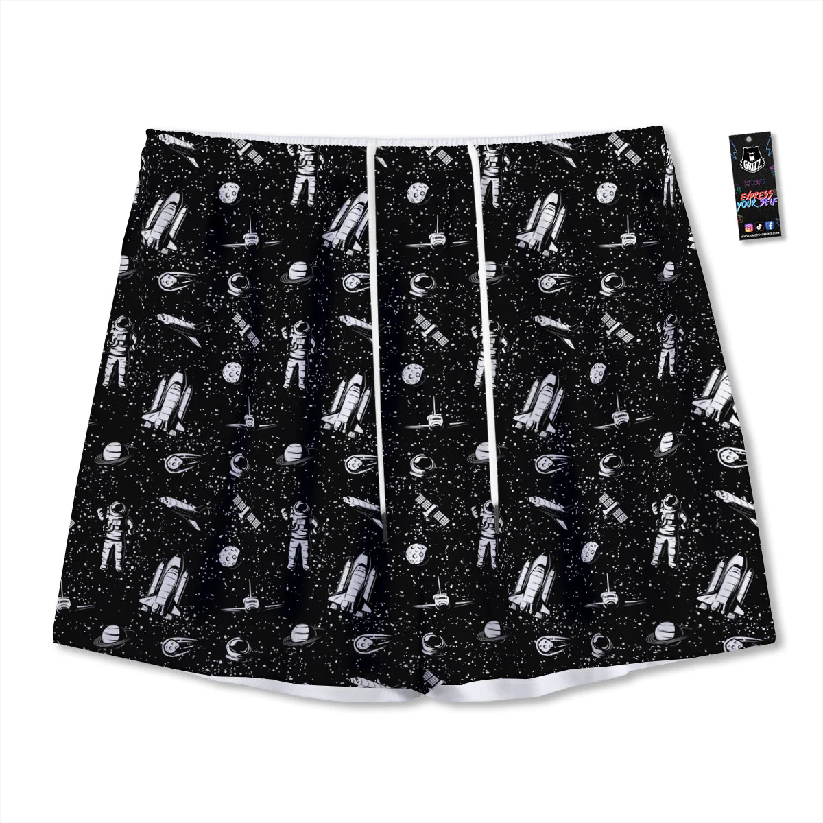Space Astronaut Black Print Pattern Mesh Shorts