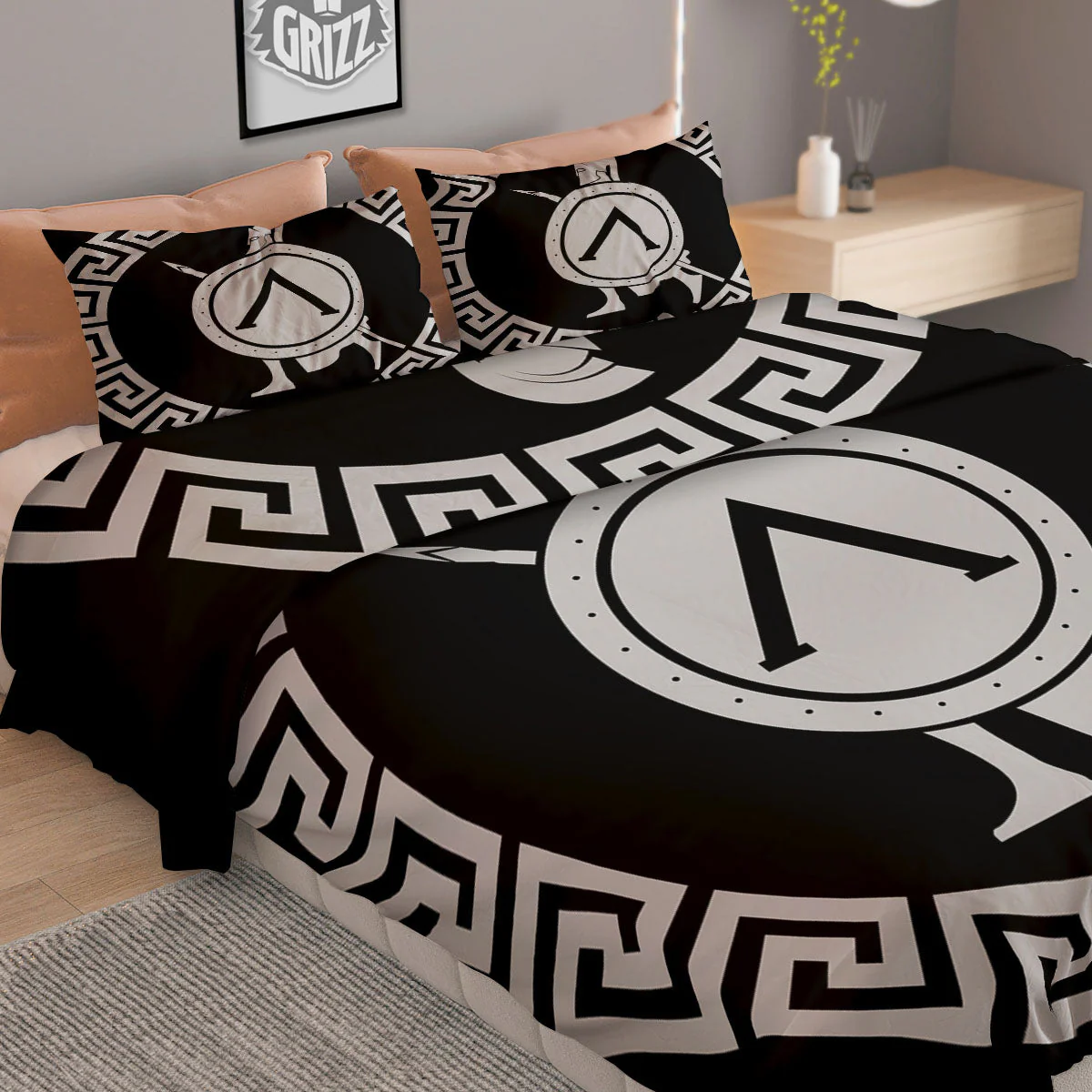 Spartan Warrior White And Black Print Duvet Cover Bedding Set - Image 2