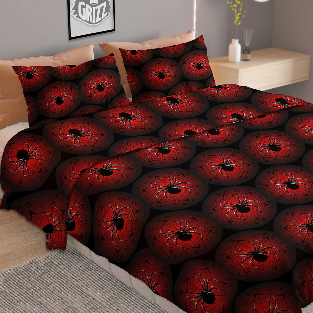 Spider Black And Red Spider Web Print Pattern Duvet Cover Bedding Set - Image 2