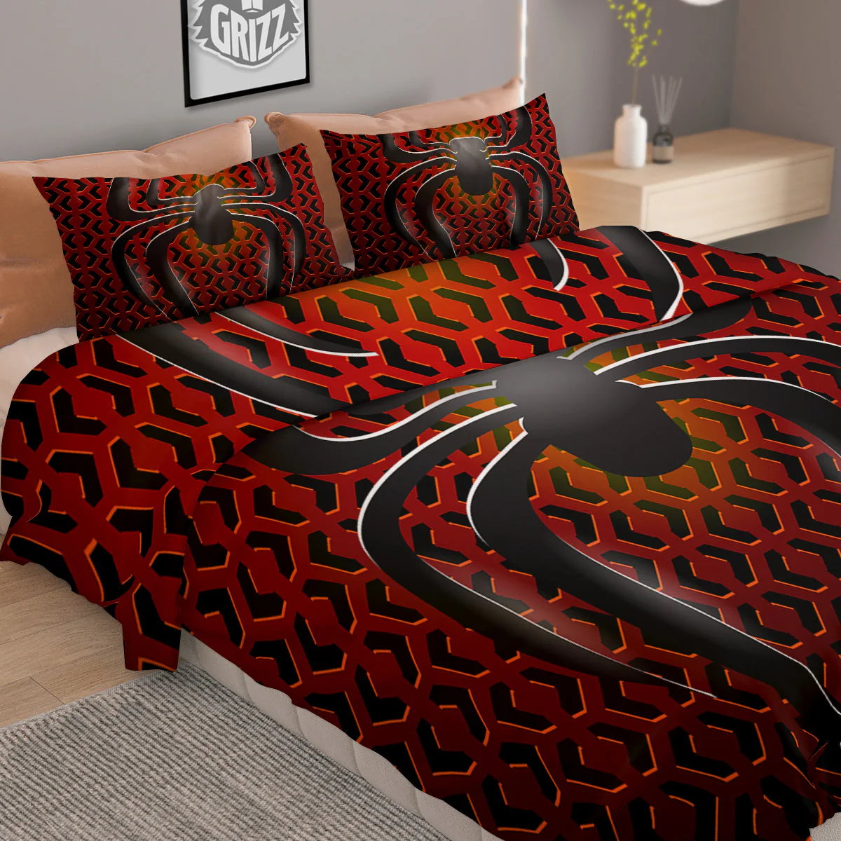 Spider Icon on Red Metal Print Duvet Cover Bedding Set - Image 2