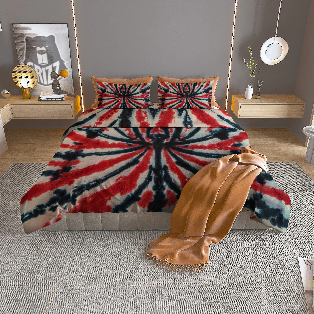 Spider Tie Dye Red And Black Print Duvet Cover Bedding Set