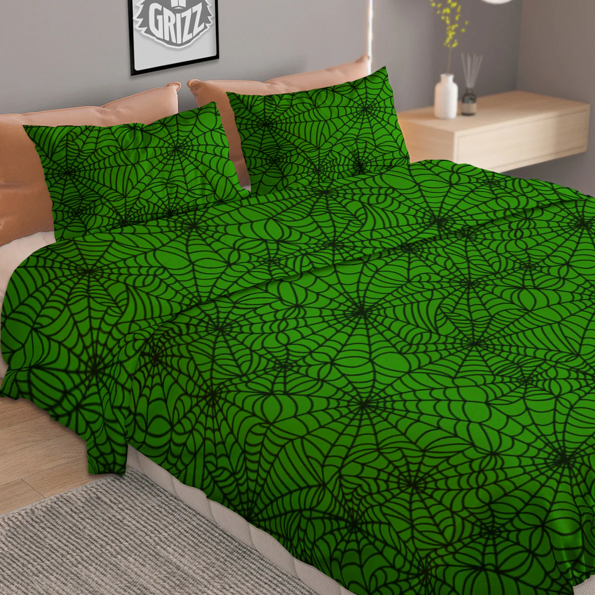 Spider Web Green And Black Print Pattern Duvet Cover Bedding Set - Image 2