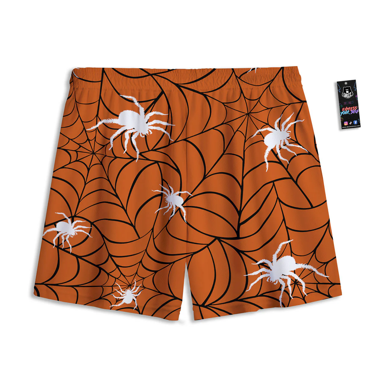Spider Web Orange And Black Print Mesh Shorts - Image 5