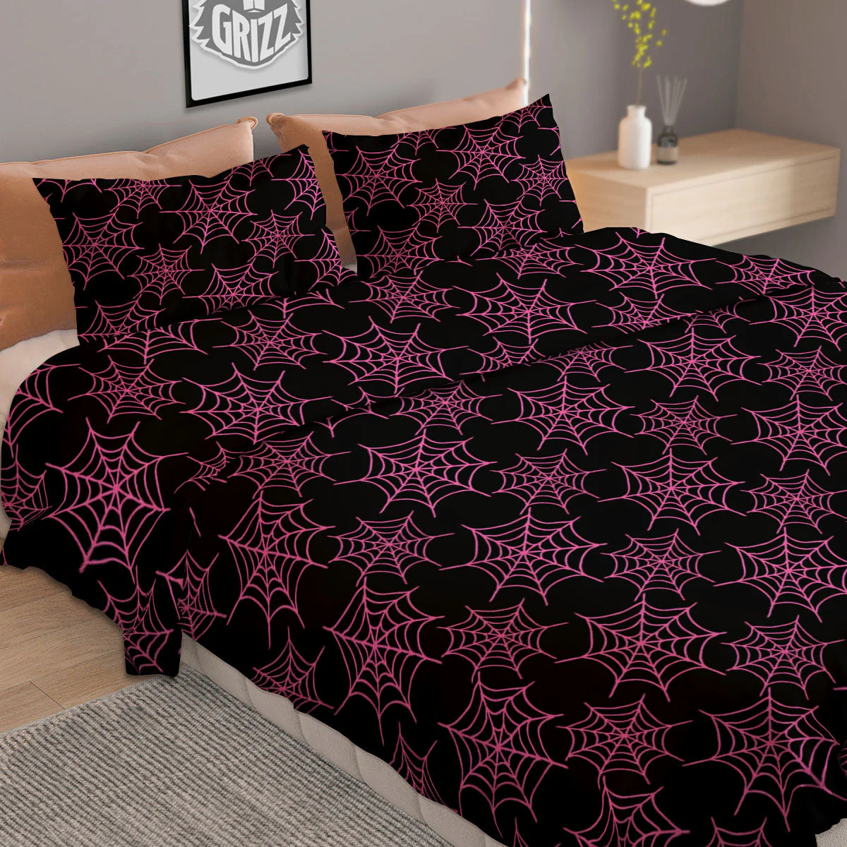Spider Web Pink And Black Print Pattern Duvet Cover Bedding Set - Image 2