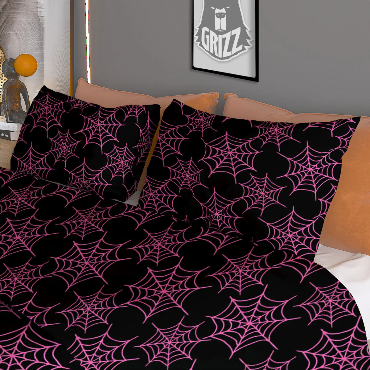 Spider Web Pink And Black Print Pattern Duvet Cover Bedding Set - Image 3
