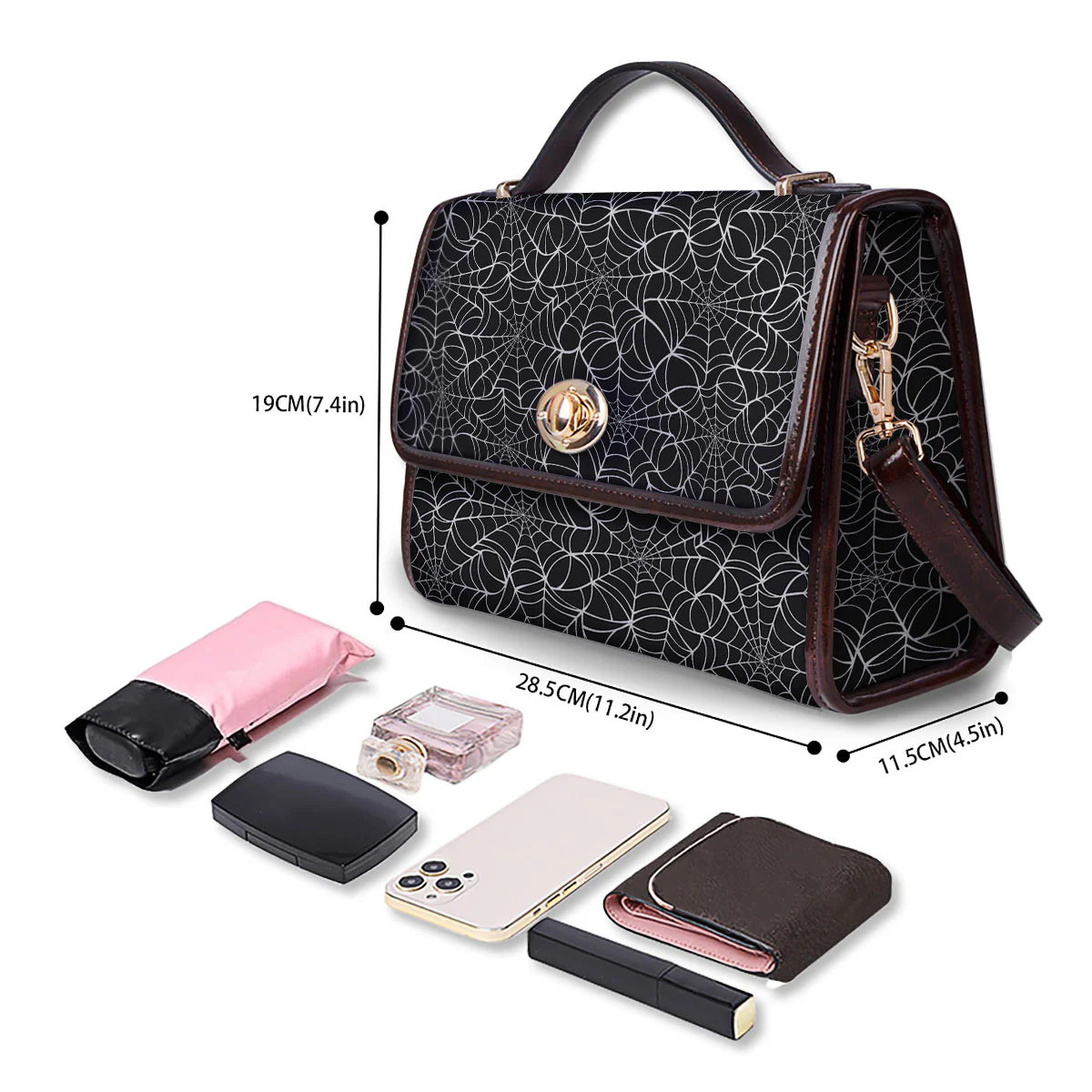 Spider Web White And Black Print Pattern Women's Satchel Bag - Image 4
