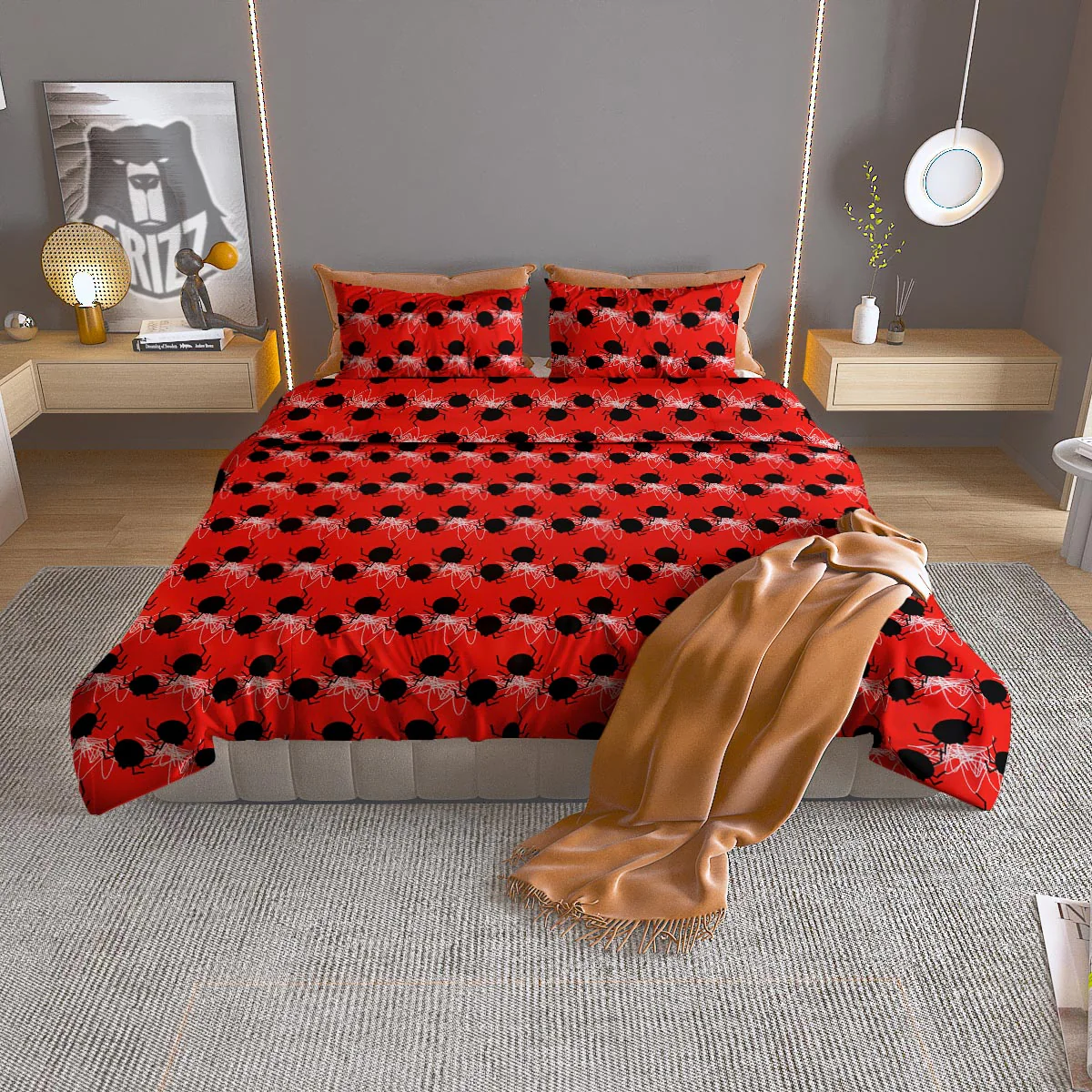 Spider Web White And Red Print Pattern Duvet Cover Bedding Set