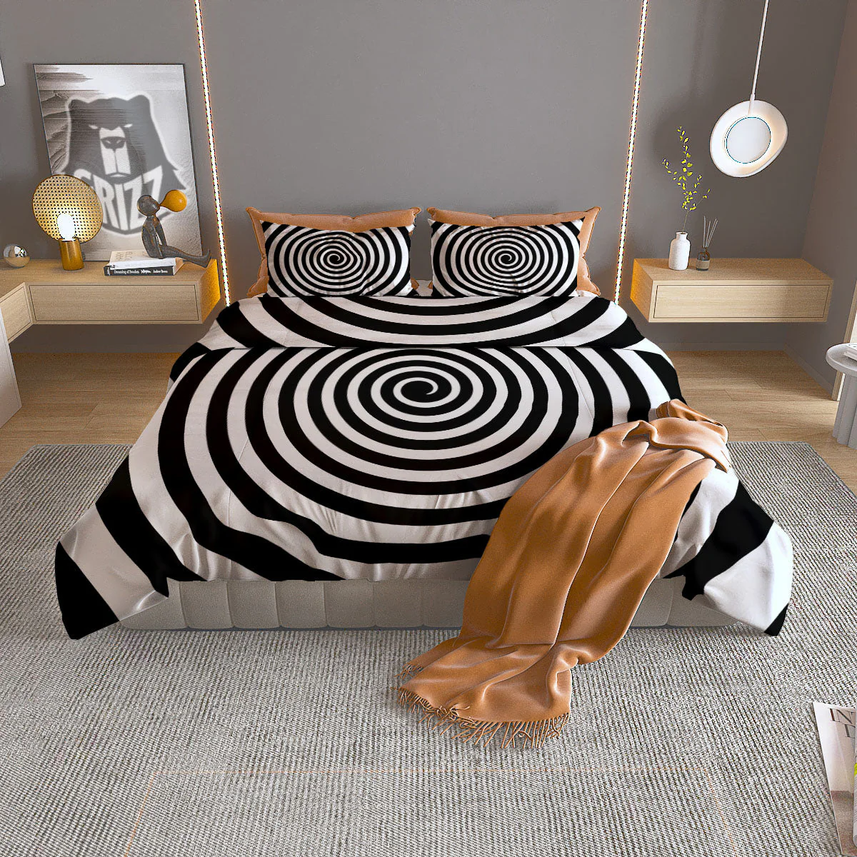 Spiral Illusion White And Black Print Duvet Cover Bedding Set