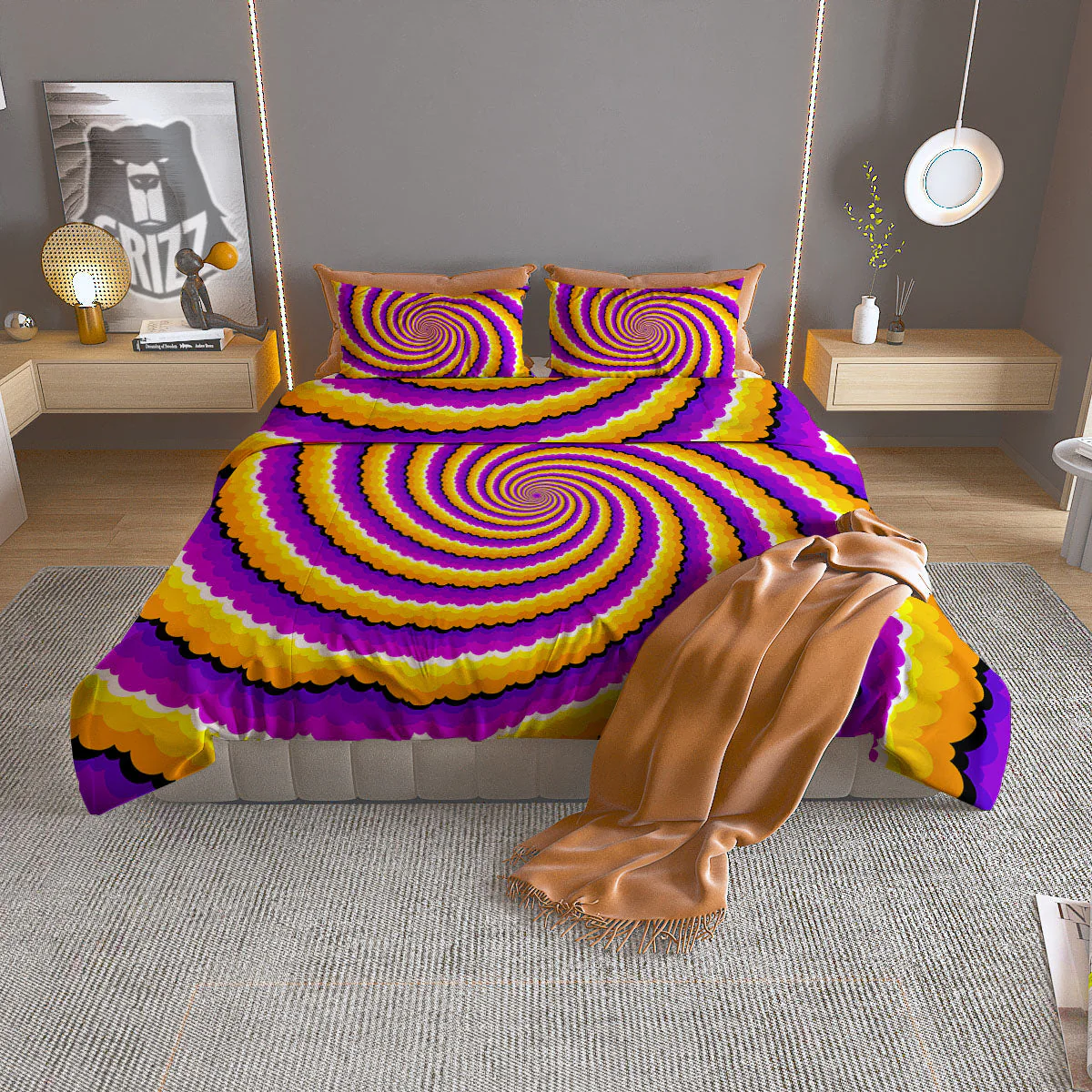 Spiral Illusion Yellow And Purple Print Duvet Cover Bedding Set