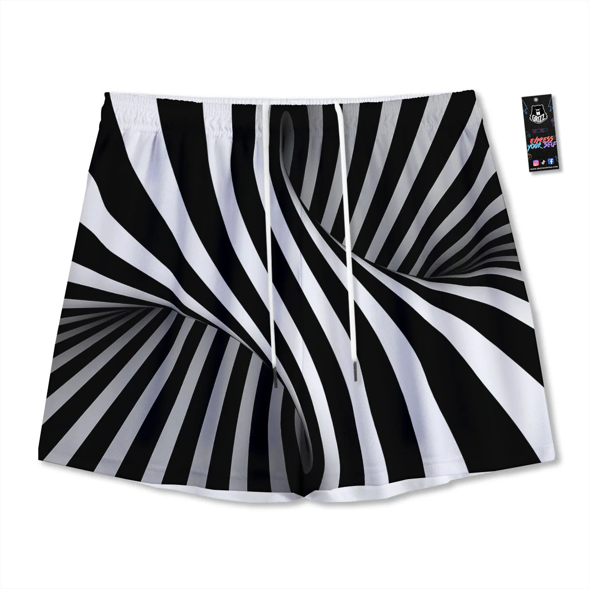 Spiral Twist Illusion White And Black Print Mesh Shorts