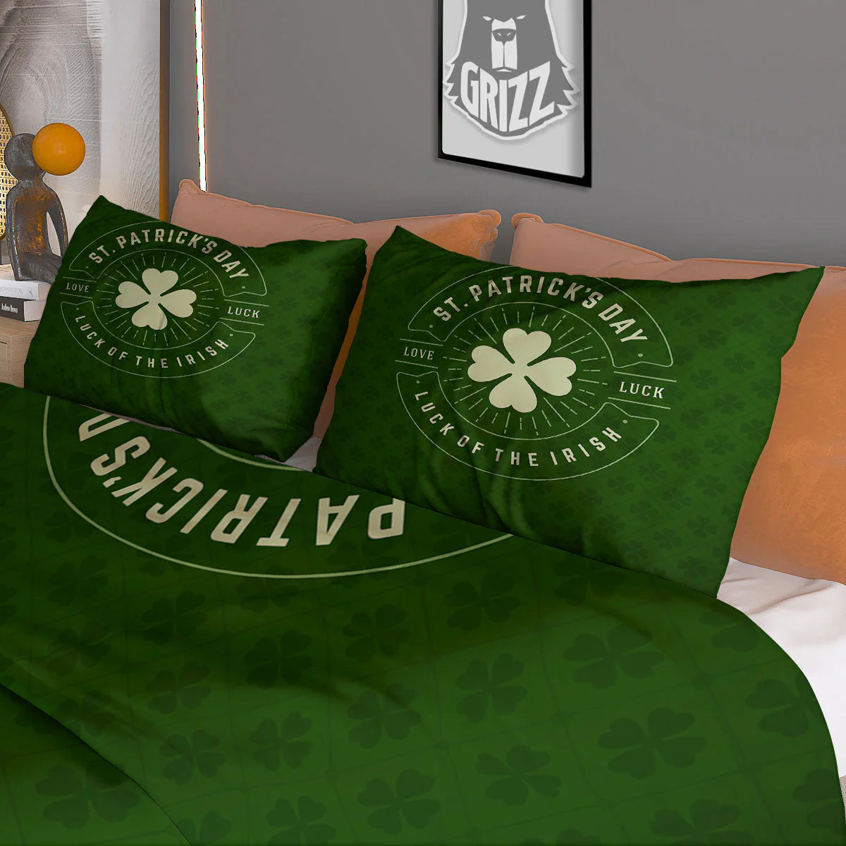St. Patrick's Day Four Leaf Clover Print Duvet Cover Bedding Set - Image 3