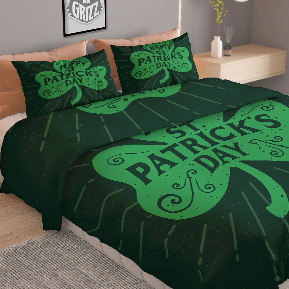 St. Patrick's Day Irish Clover Print Duvet Cover Bedding Set - Image 2