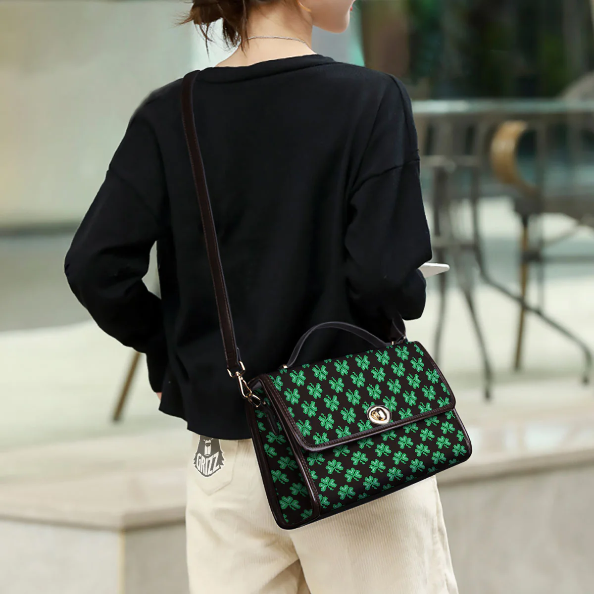 St. Patrick's Day Pixel Clover Print Pattern Women's Satchel Bag - Image 3