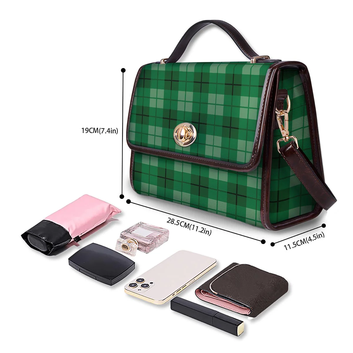 St. Patrick's Day Shamrock Plaid Print Pattern Women's Satchel Bag - Image 4
