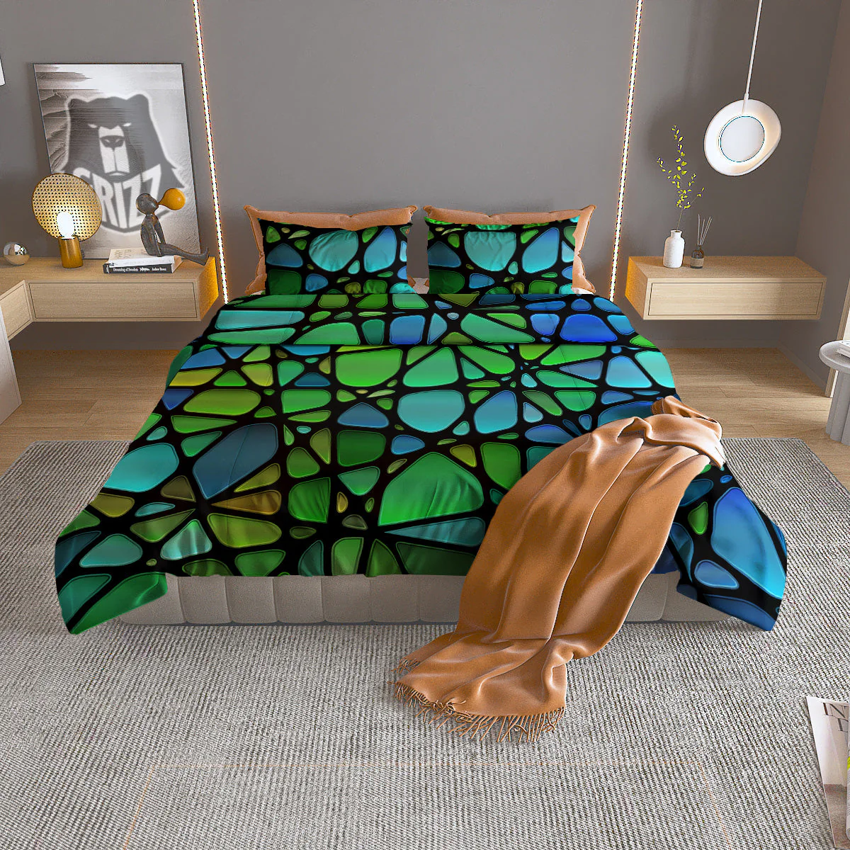 Stained Glass Green And Blue Print Duvet Cover Bedding Set